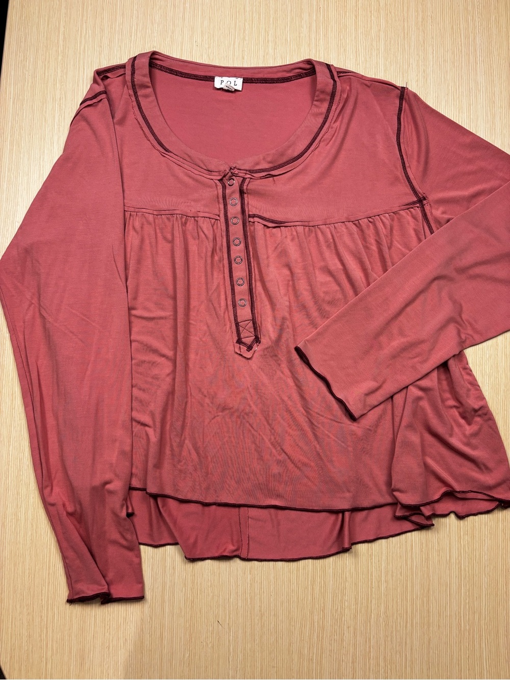 POL Anthropologie Raw Edge Babydoll Henley Top Rosewood Pink Rust Sz L